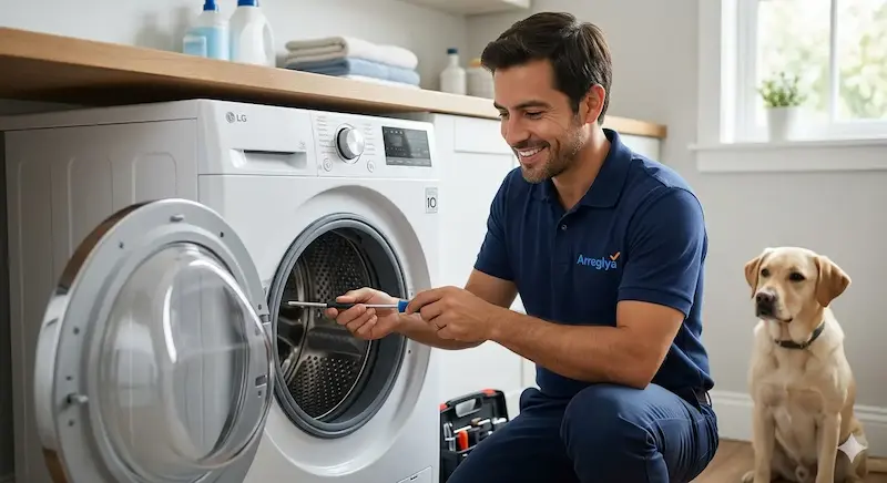 Técnico profesional de Arreglaya reparando una lavadora